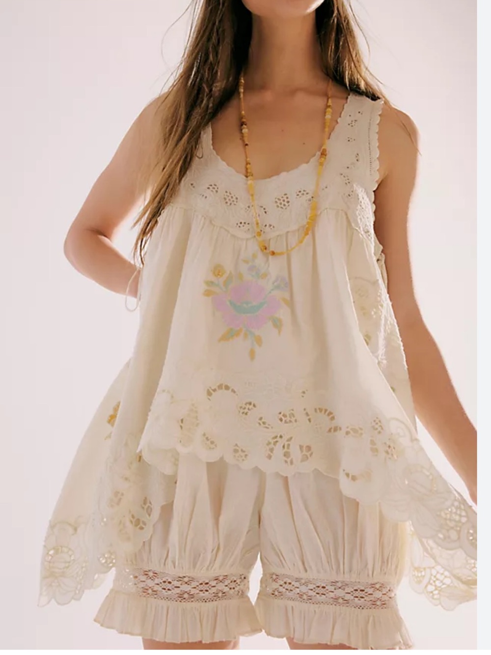 Free People Cream Lace Appliqué Tiered Tank & Bloomers Set